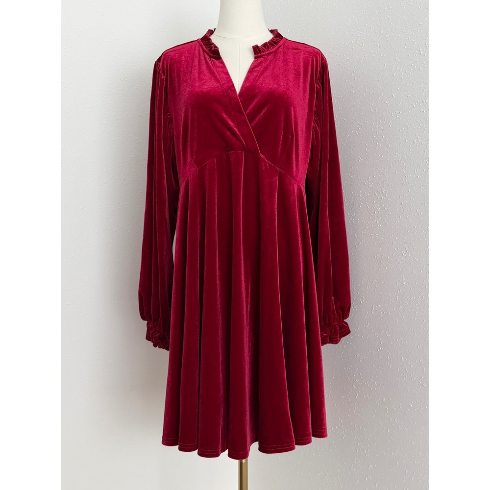 Umgee Red Velvet Babydoll Ruffle V-Neck Long Sleeve Mini Tunic Dress Holiday (L)